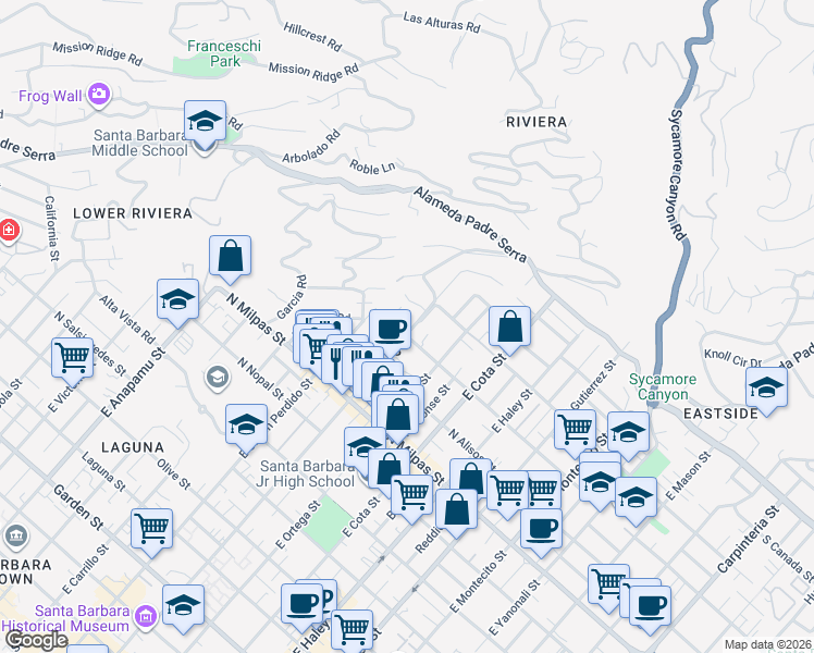 map of restaurants, bars, coffee shops, grocery stores, and more near 728 North Voluntario Street in Santa Barbara