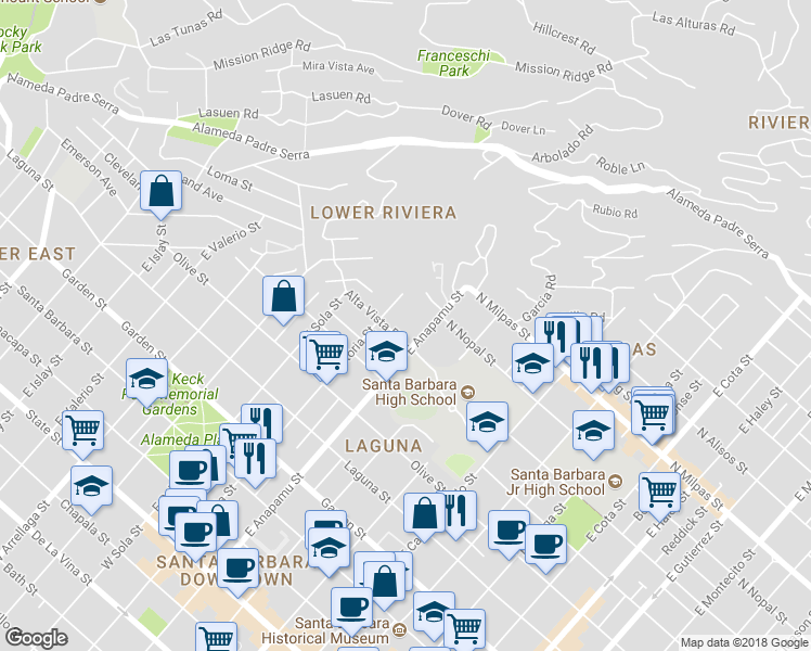 map of restaurants, bars, coffee shops, grocery stores, and more near 1201 Alta Vista Road in Santa Barbara
