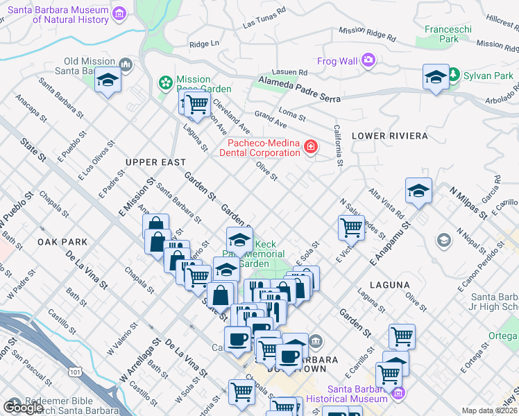 map of restaurants, bars, coffee shops, grocery stores, and more near 1600 Garden Street in Santa Barbara