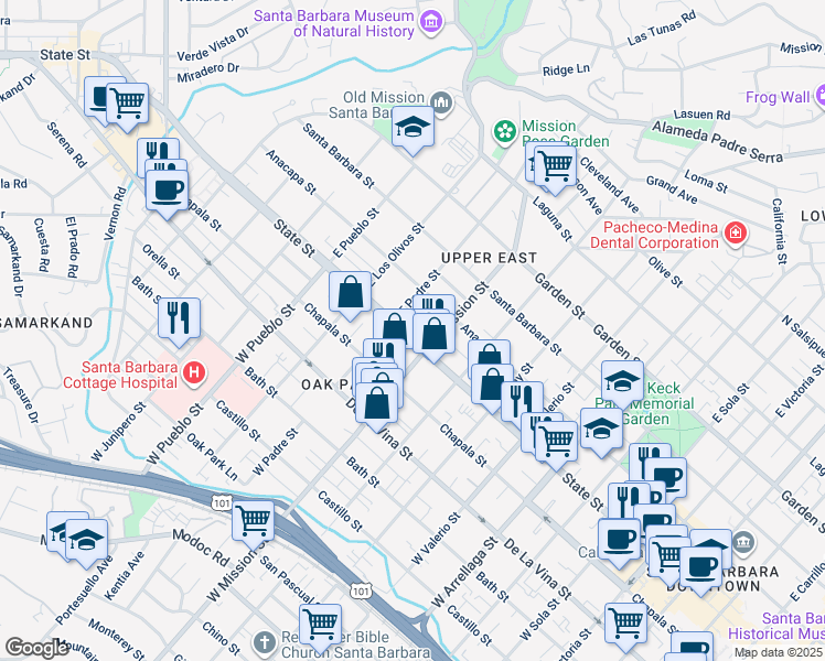 map of restaurants, bars, coffee shops, grocery stores, and more near 2005 State Street in Santa Barbara