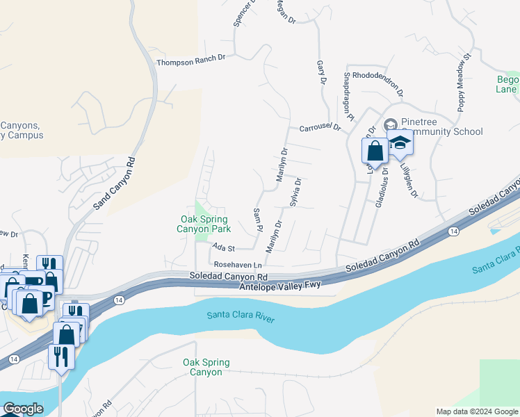 map of restaurants, bars, coffee shops, grocery stores, and more near 28982 Sam Place in Santa Clarita