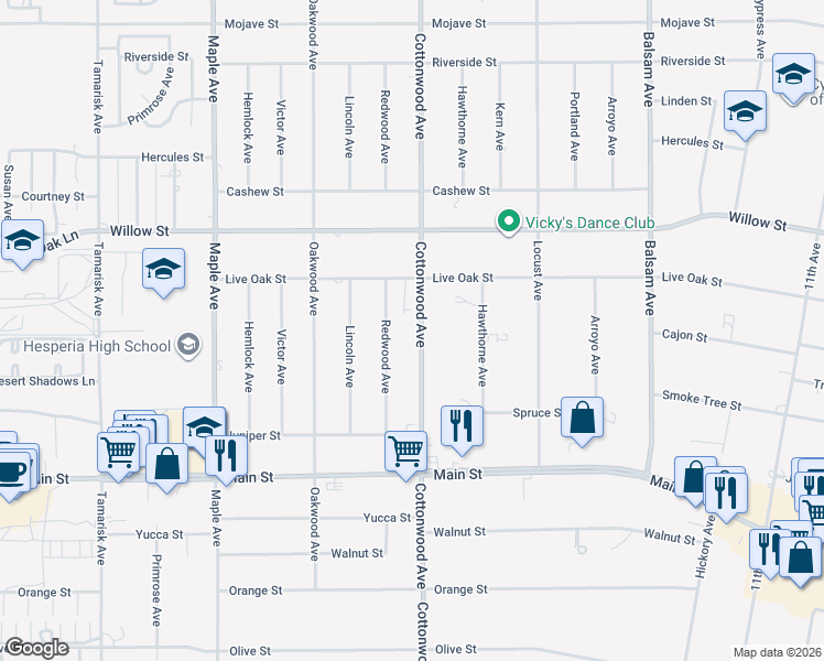 map of restaurants, bars, coffee shops, grocery stores, and more near 9960 Cottonwood Avenue in Hesperia