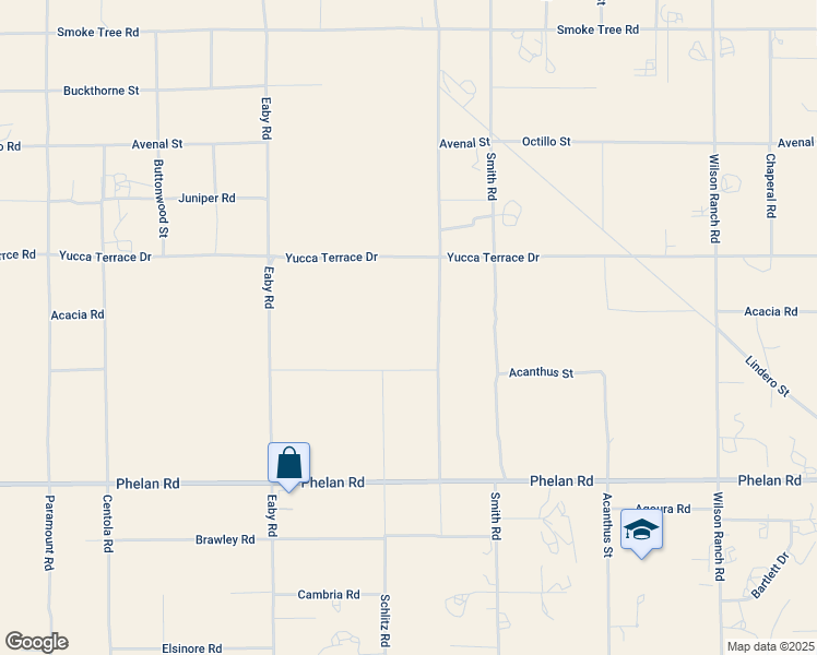 map of restaurants, bars, coffee shops, grocery stores, and more near Anderson Ranch Road in Phelan