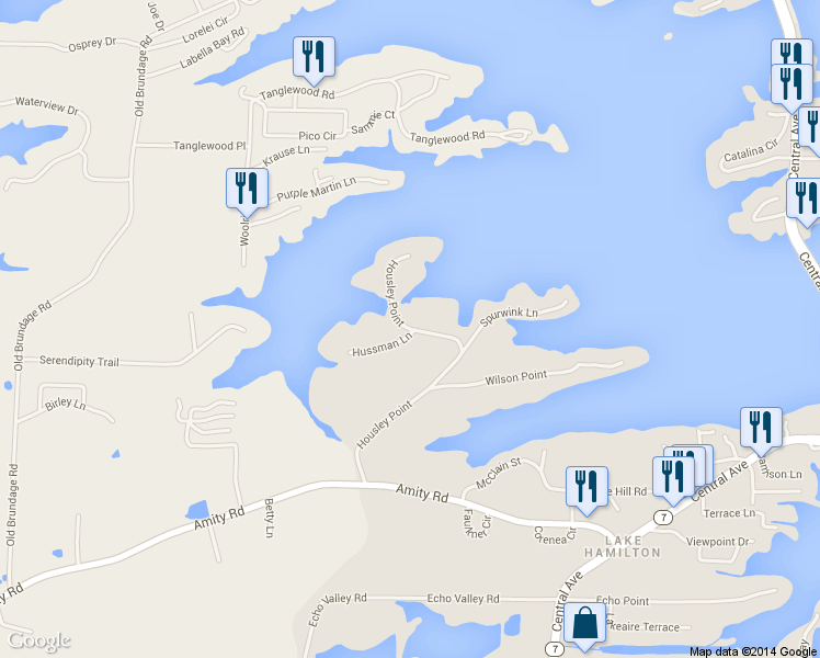 map of restaurants, bars, coffee shops, grocery stores, and more near 391 Housley Point in Lake Hamilton
