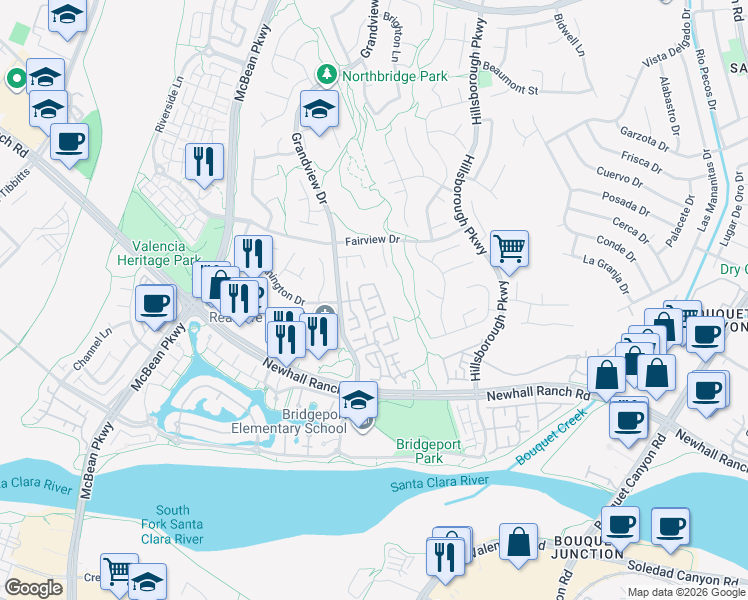 map of restaurants, bars, coffee shops, grocery stores, and more near 27147 Manor Circle in Santa Clarita
