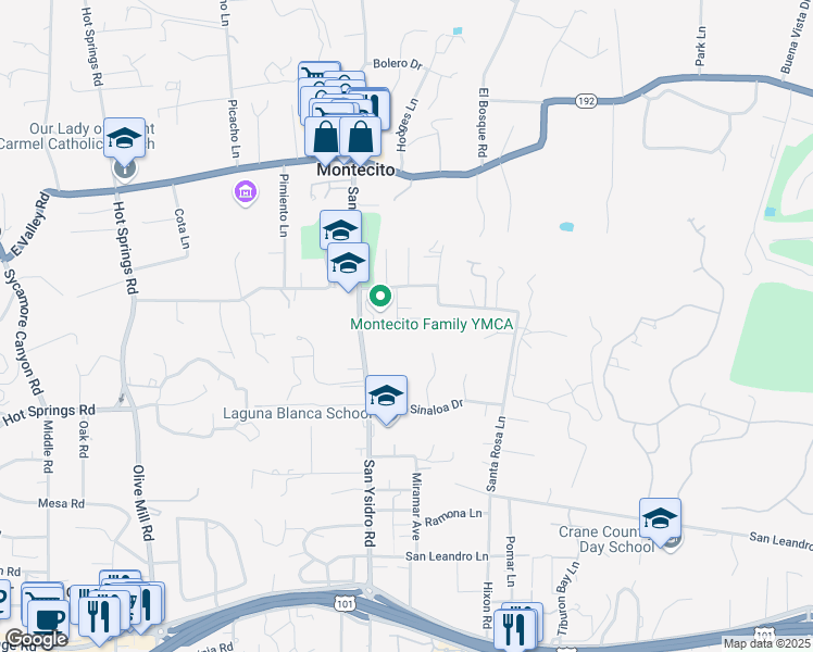 map of restaurants, bars, coffee shops, grocery stores, and more near 370 Miramonte Avenue in Montecito