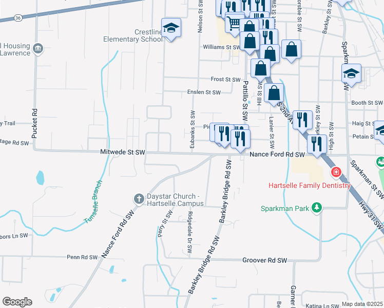 map of restaurants, bars, coffee shops, grocery stores, and more near 1004 Mitwede Street Southwest in Hartselle