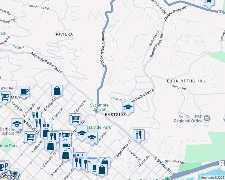 map of restaurants, bars, coffee shops, grocery stores, and more near 162 La Vista Grande in Santa Barbara