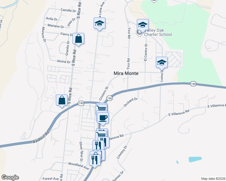map of restaurants, bars, coffee shops, grocery stores, and more near 1348 Cruzero Street in Ojai