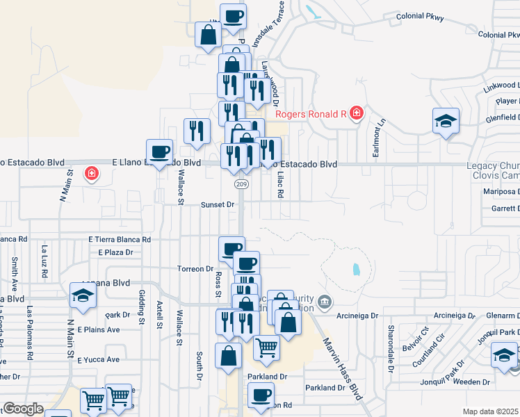 map of restaurants, bars, coffee shops, grocery stores, and more near 3200 Shady Ln in Clovis