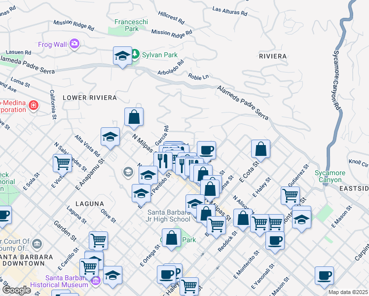 map of restaurants, bars, coffee shops, grocery stores, and more near 929 East Canon Perdido Street in Santa Barbara