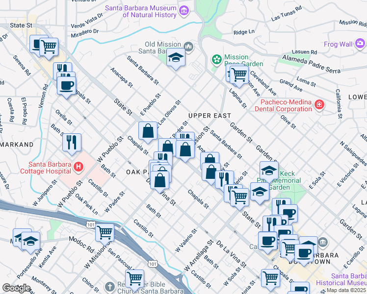 map of restaurants, bars, coffee shops, grocery stores, and more near 2005 State Street in Santa Barbara