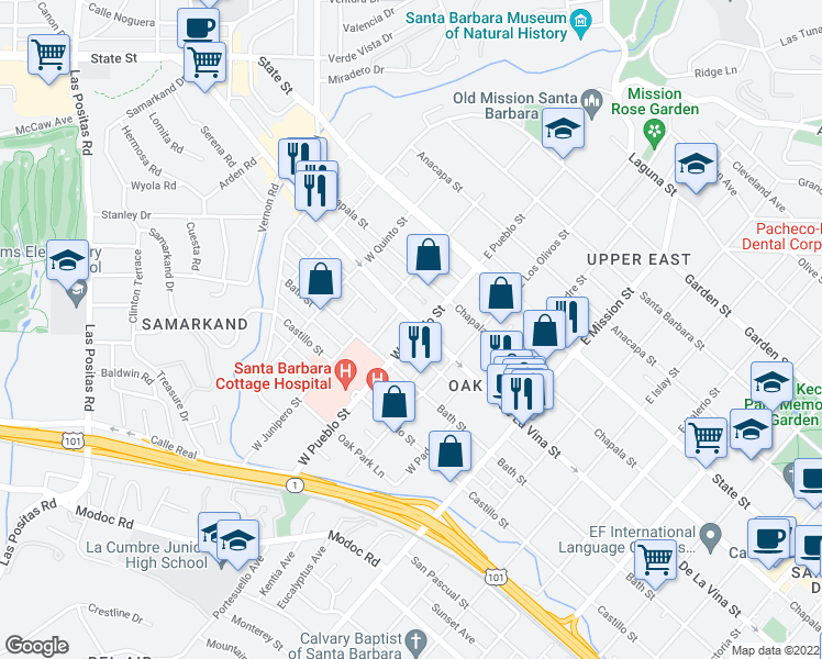 map of restaurants, bars, coffee shops, grocery stores, and more near 215 West Pueblo Street in Santa Barbara