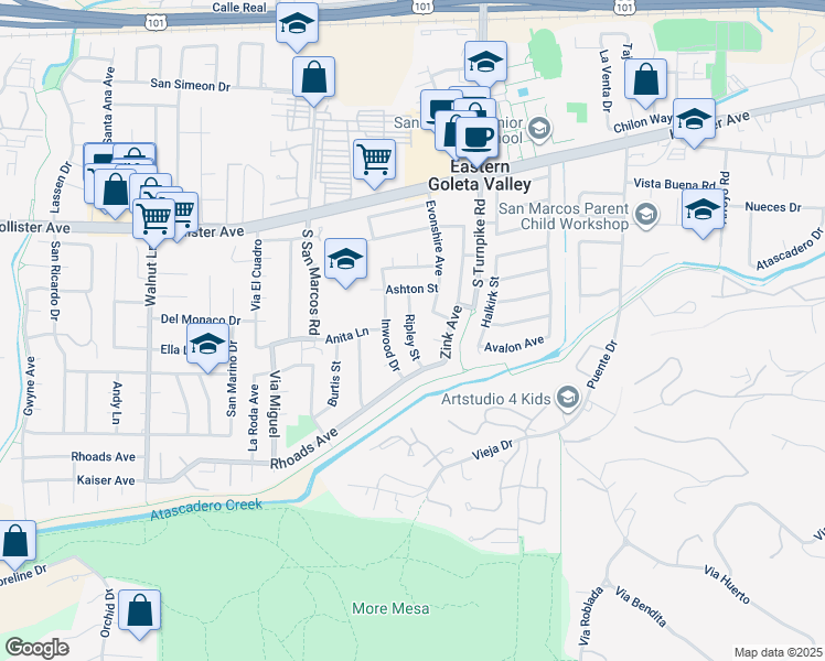 map of restaurants, bars, coffee shops, grocery stores, and more near 4841 Zink Place in Santa Barbara