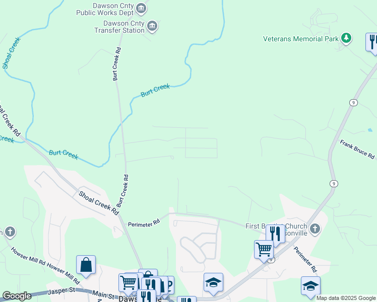 map of restaurants, bars, coffee shops, grocery stores, and more near 45 Peregrine Lane South in Dawsonville