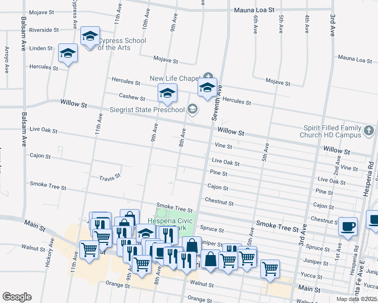 map of restaurants, bars, coffee shops, grocery stores, and more near 15932 Live Oak Street in Hesperia