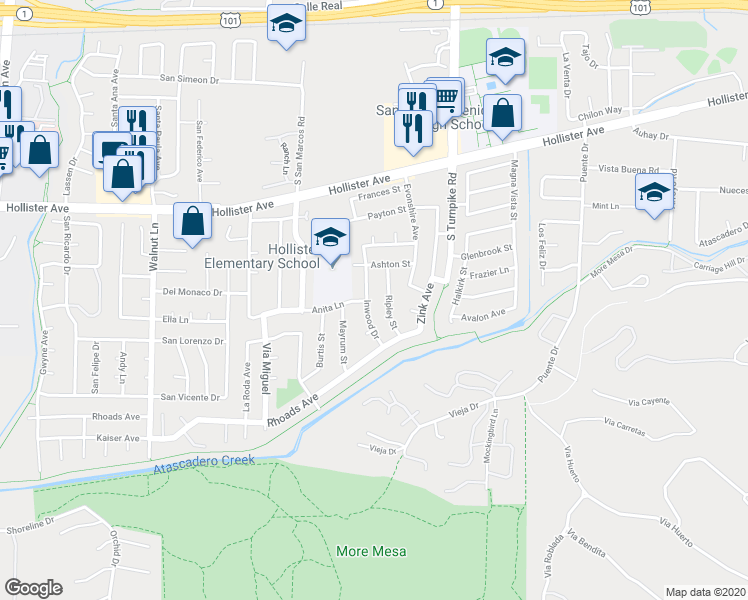 map of restaurants, bars, coffee shops, grocery stores, and more near 584 Inwood Drive in Santa Barbara
