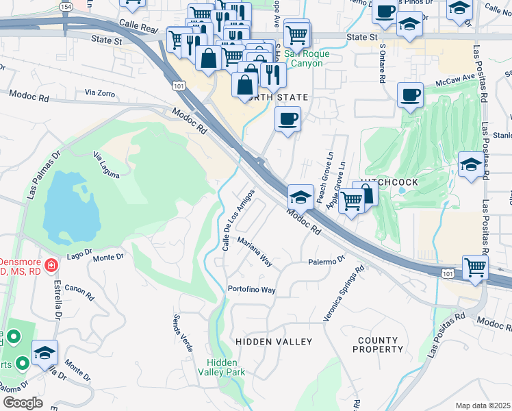 map of restaurants, bars, coffee shops, grocery stores, and more near 33 La Cumbre Circle in Santa Barbara