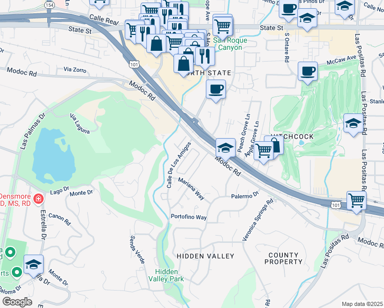 map of restaurants, bars, coffee shops, grocery stores, and more near 53 La Cumbre Circle in Santa Barbara