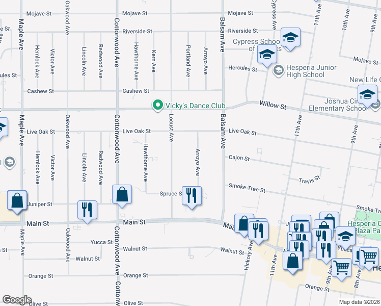 map of restaurants, bars, coffee shops, grocery stores, and more near 9919 Locust Avenue in Hesperia