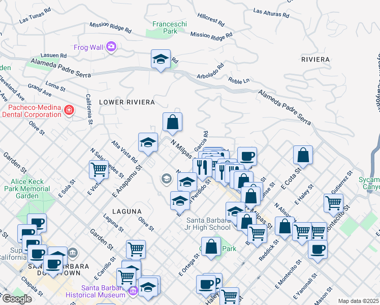 map of restaurants, bars, coffee shops, grocery stores, and more near 1011 North Milpas Street in Santa Barbara