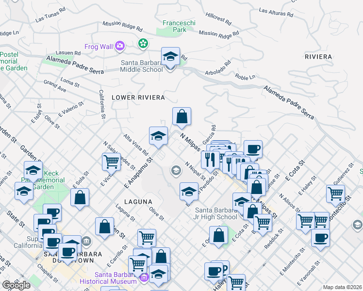 map of restaurants, bars, coffee shops, grocery stores, and more near 821 East Figueroa Street in Santa Barbara