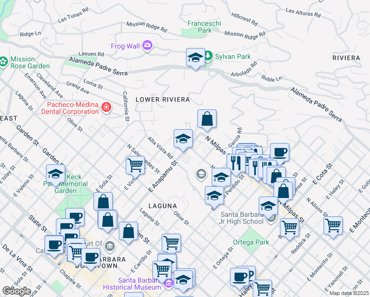 map of restaurants, bars, coffee shops, grocery stores, and more near 700 East Anapamu Street in Santa Barbara