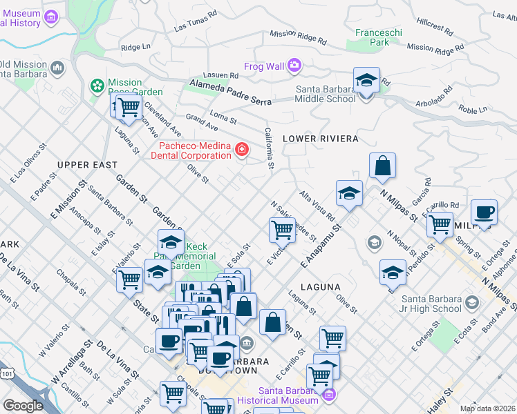 map of restaurants, bars, coffee shops, grocery stores, and more near 1404 Olive Street in Santa Barbara