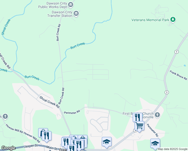 map of restaurants, bars, coffee shops, grocery stores, and more near 45 Peregrine Lane South in Dawsonville