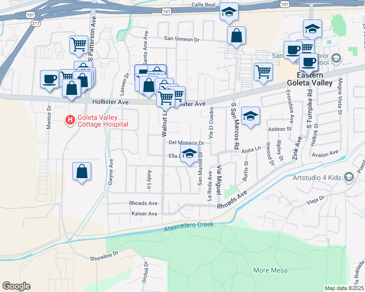 map of restaurants, bars, coffee shops, grocery stores, and more near 5070 Ella Lane in Santa Barbara