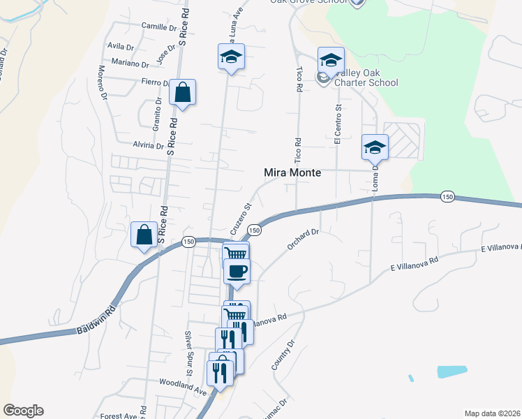 map of restaurants, bars, coffee shops, grocery stores, and more near 1348 Cruzero Street in Ojai