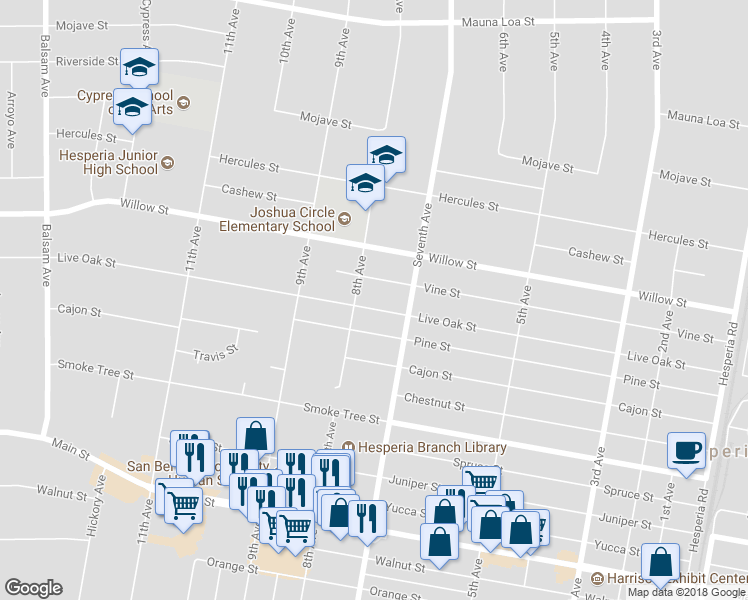 map of restaurants, bars, coffee shops, grocery stores, and more near 15932 Live Oak Street in Hesperia