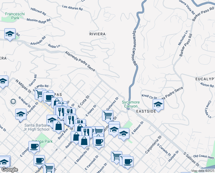 map of restaurants, bars, coffee shops, grocery stores, and more near 509 Alameda Padre Serra in Santa Barbara