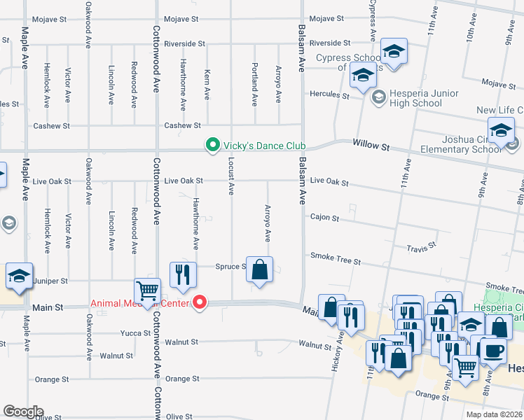 map of restaurants, bars, coffee shops, grocery stores, and more near 9943 Arroyo Avenue in Hesperia