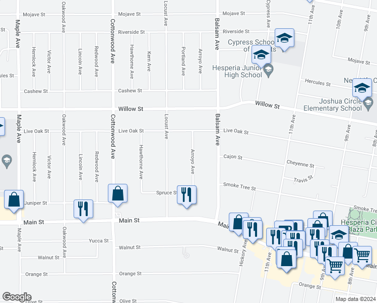 map of restaurants, bars, coffee shops, grocery stores, and more near 9964 Arroyo Avenue in Hesperia
