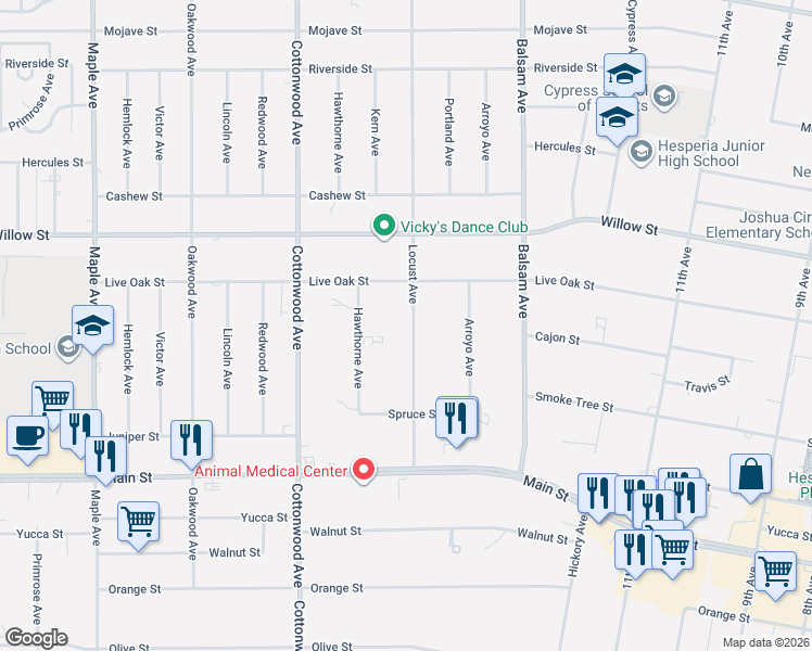map of restaurants, bars, coffee shops, grocery stores, and more near 9966 Locust Avenue in Hesperia