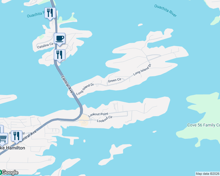 map of restaurants, bars, coffee shops, grocery stores, and more near 235 Long Island Drive in Hot Springs