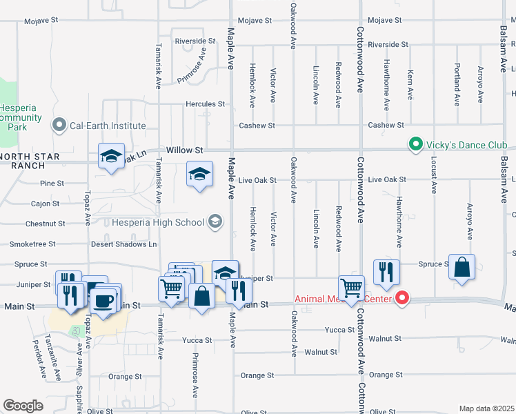 map of restaurants, bars, coffee shops, grocery stores, and more near 9973 Hemlock Avenue in Hesperia