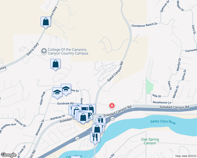 map of restaurants, bars, coffee shops, grocery stores, and more near 16420 Palomino Place in Santa Clarita