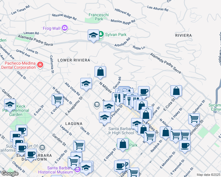 map of restaurants, bars, coffee shops, grocery stores, and more near 1021 San Diego Road in Santa Barbara