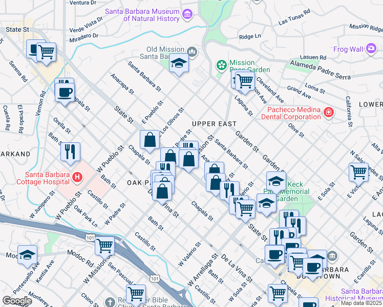 map of restaurants, bars, coffee shops, grocery stores, and more near 115 East Mission Street in Santa Barbara