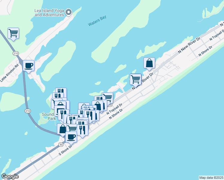 map of restaurants, bars, coffee shops, grocery stores, and more near 111 Anchor Drive in Surf City