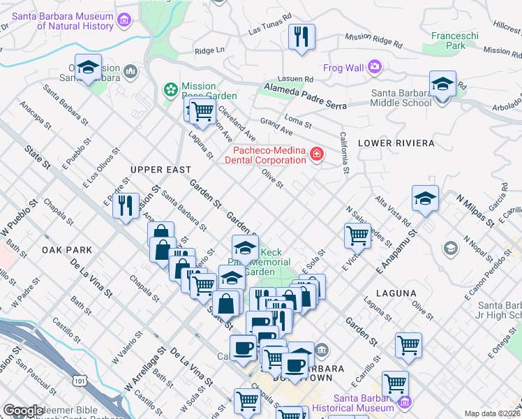 map of restaurants, bars, coffee shops, grocery stores, and more near 1625 Laguna Street in Santa Barbara