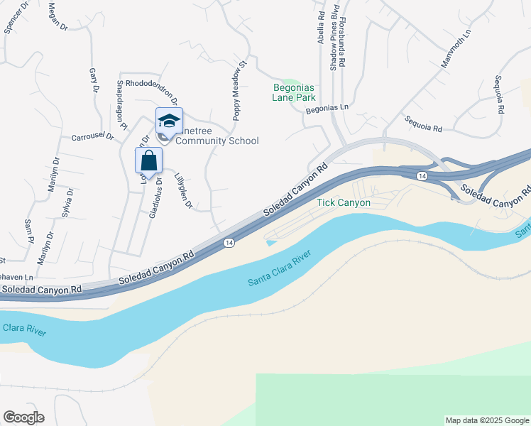 map of restaurants, bars, coffee shops, grocery stores, and more near Soledad Canyon Road in Santa Clarita
