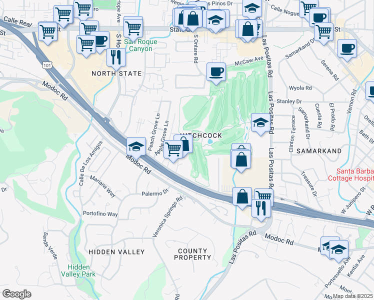 map of restaurants, bars, coffee shops, grocery stores, and more near 560 Vista Vallejo in Santa Barbara