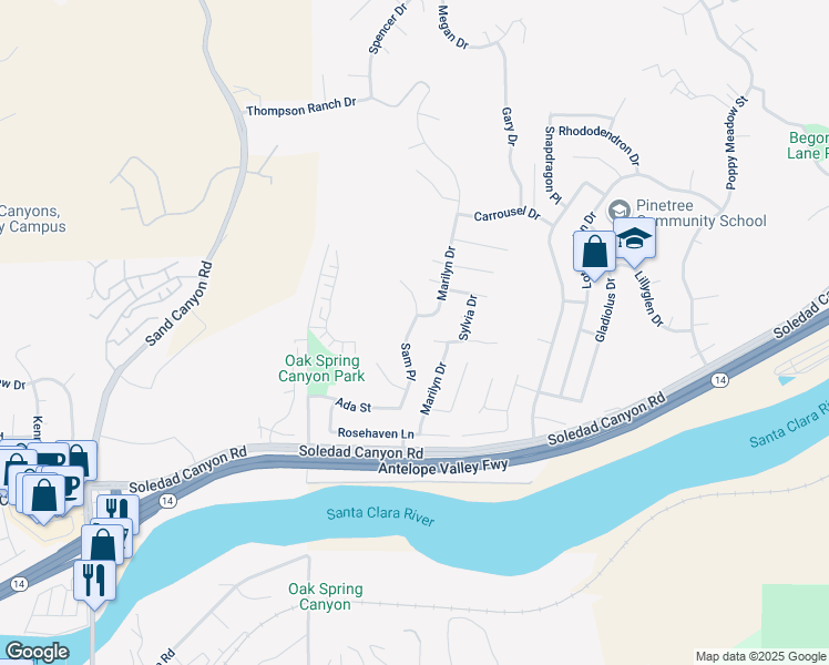 map of restaurants, bars, coffee shops, grocery stores, and more near 29001 Sam Place in Santa Clarita