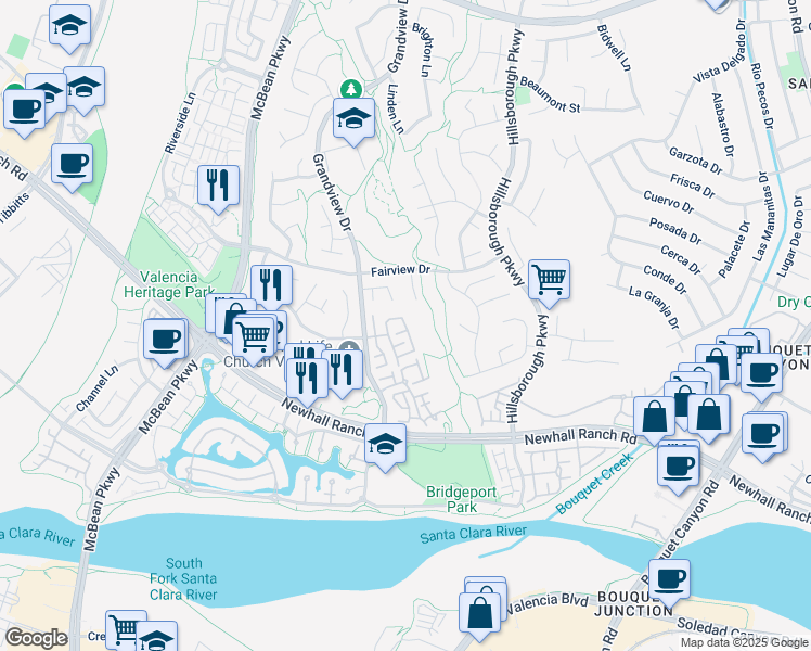 map of restaurants, bars, coffee shops, grocery stores, and more near 23701 Cameron Court in Santa Clarita