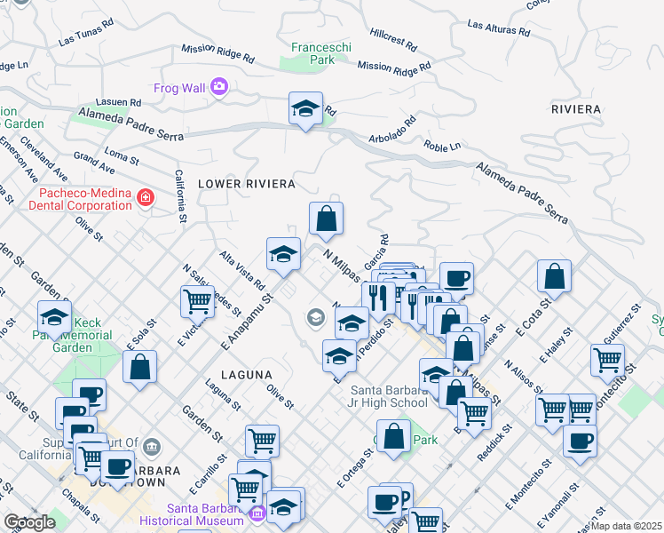 map of restaurants, bars, coffee shops, grocery stores, and more near 1122 North Milpas Street in Santa Barbara