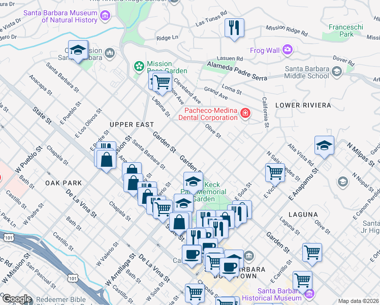 map of restaurants, bars, coffee shops, grocery stores, and more near 1721 Laguna Street in Santa Barbara