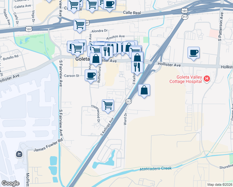 map of restaurants, bars, coffee shops, grocery stores, and more near 5671 Ekwill Street in Goleta